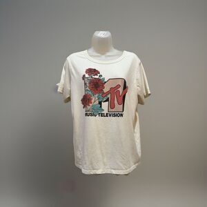 MTV Logo Women's Large White T-Shirt Flowers Clean 80s 90s Muted Tones New